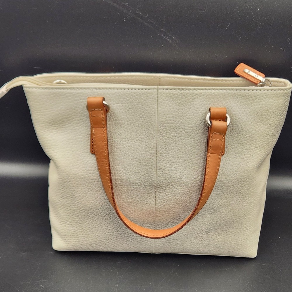 Fossil White Leather Handbag Tote | Tan Straps | Pebbled Leather Classic Stitch - Picture 2 of 11